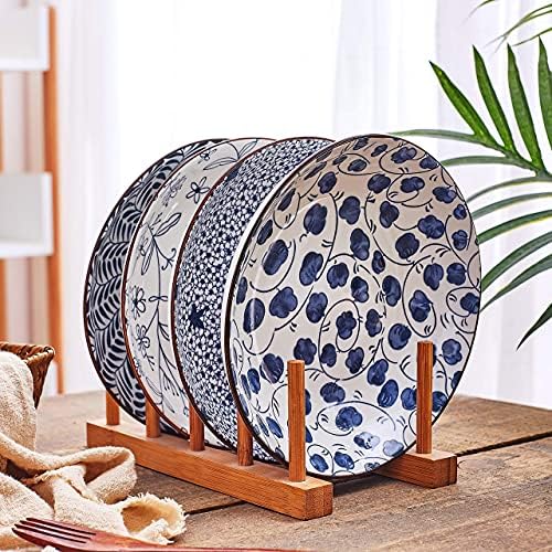 Ceramic Pasta Bowls Set,Blue and White Salad Bowl 20cm Dinner Shallow Plates Set of 6,Serving Appetizer Dessert Snack (8 Inch x 6pcs)