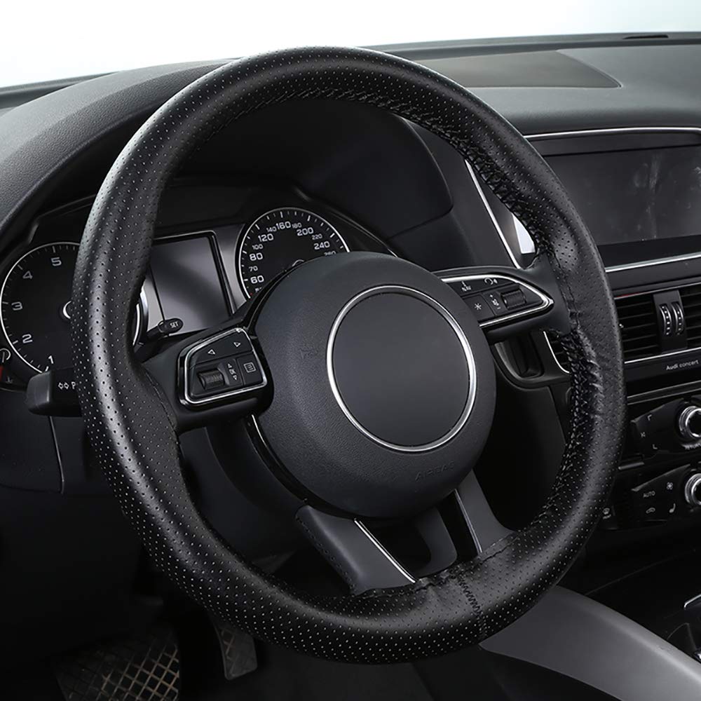 Top Genuine Leather Steering Wheel Cover with Anti-Slip Design, Soft Padding, Universal 15 Inch Auto Car Steering Wheel Stitch on Wrap