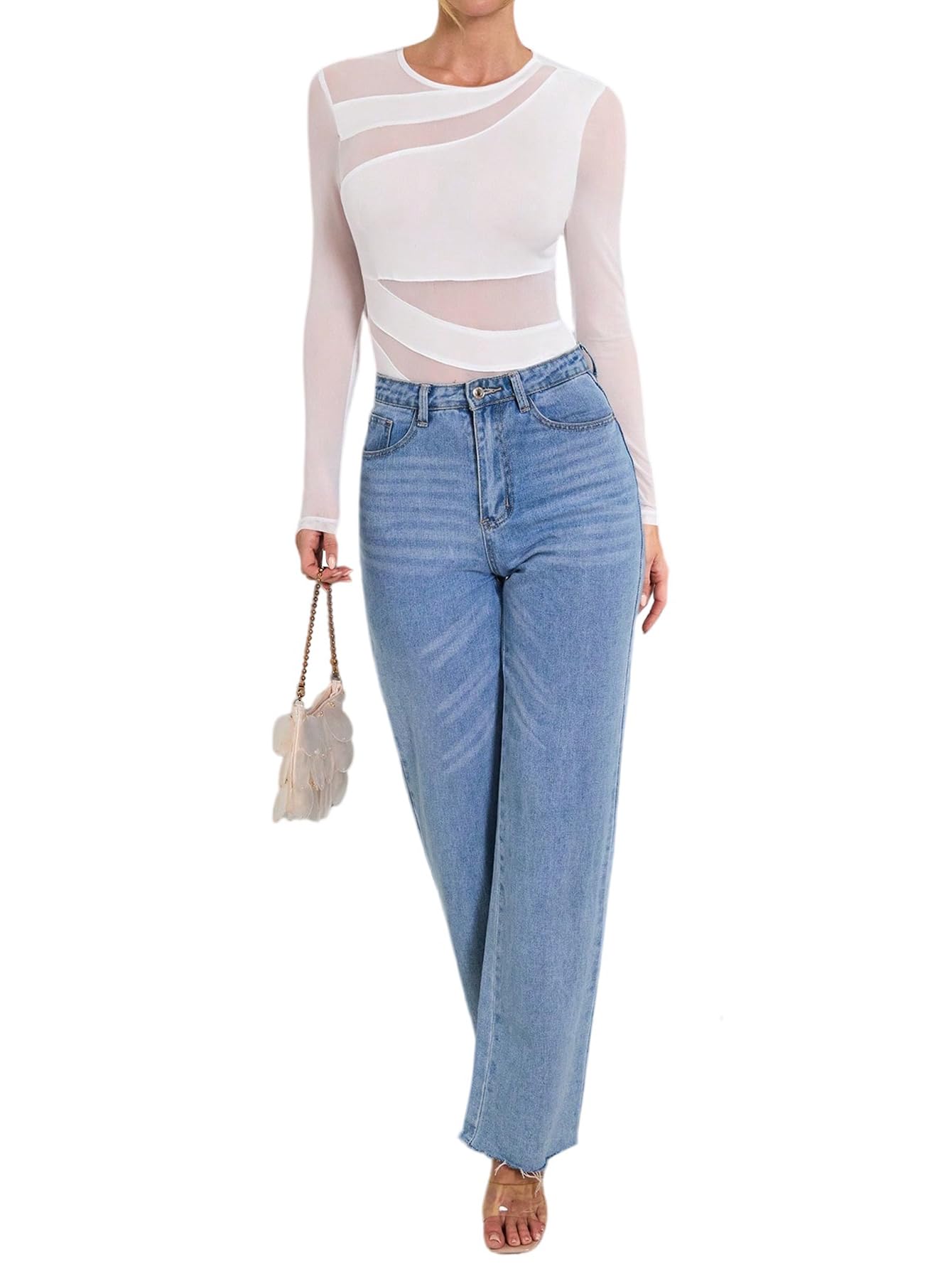 GORGLITTER Body élégant pour femme avec maille transparente - Manches longues - Pour l'automne et les festivals