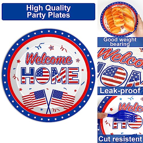 Image of 100Pcs Military Welcome Home Decorations Patriotic Army Soldier Homecoming Plates Napkins Proud of You Deployment Returning Party Decor Supplies Red White Blue Welcome Home Tableware Serve 25 Guests