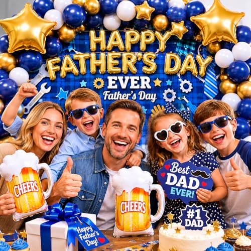 Image of Happy Father's Day Balloon Garland Arch Set 100Pcs with Star, Fathers Day Decorations for Best Father Ever Decorations Father's Day Party Fathers Birthday Party Photo Booth Backdrop Decor