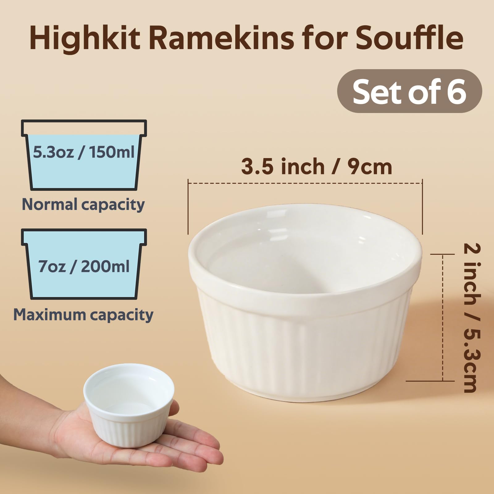 Set di 6 Pirottini in Porcellana da 200 ml, Piatti da Soufflé in Ceramica, Resistenti al Forno, 9 cm, per Torte, Budini, Gelati e Salse, Adatti per Friggitrice ad Aria, Bianchi