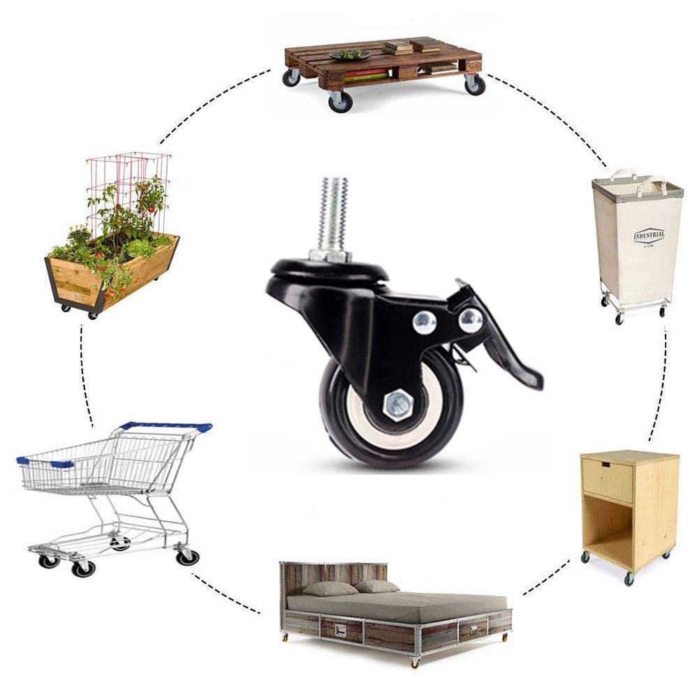 Lot de 4 Roues Castor Heavy Duty 180KG 50 mm PU en Caoutchouc pivotant Chariot Meubles Caster avec Freins Noir - 10 mm Vis (Color : 2 with Brakes 2 Non Brakes)