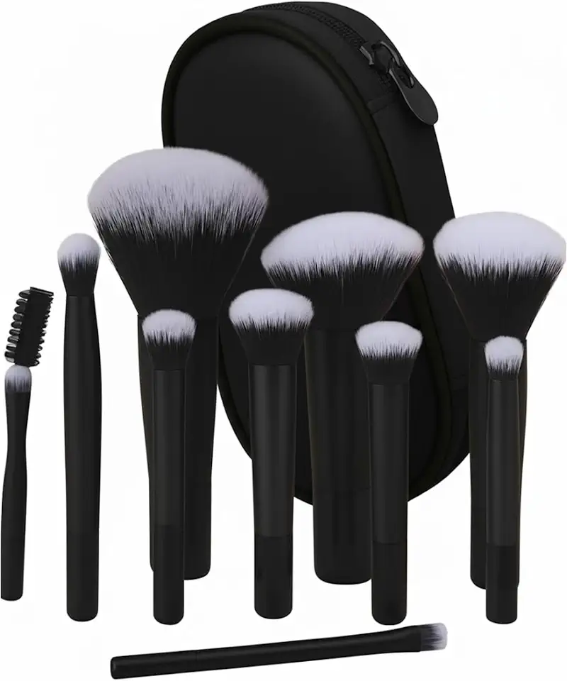 Kit 10 Pincéis de Maquiagem Profissional com Estojo, Cerdas Sintéticas Macias para Base, Pó, Blush e Sombra, Completo para Iniciantes, Portátil para Viagem e Presente (Preto)