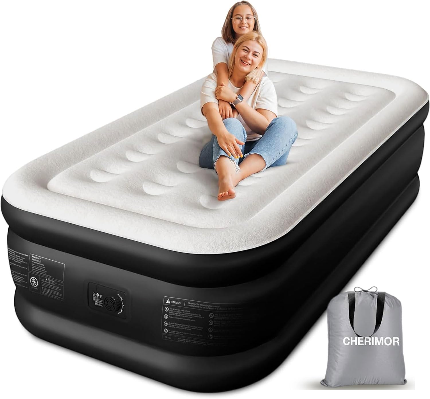 CHERIMOR Colchón Hinchable 203x99x46CM Soporta 220KG | Colchón Inflable Individual Bomba Integrada & 3-Min Inflado Colchon Hinchable Ideal Doméstico Camp Uso Bolsa -BLA