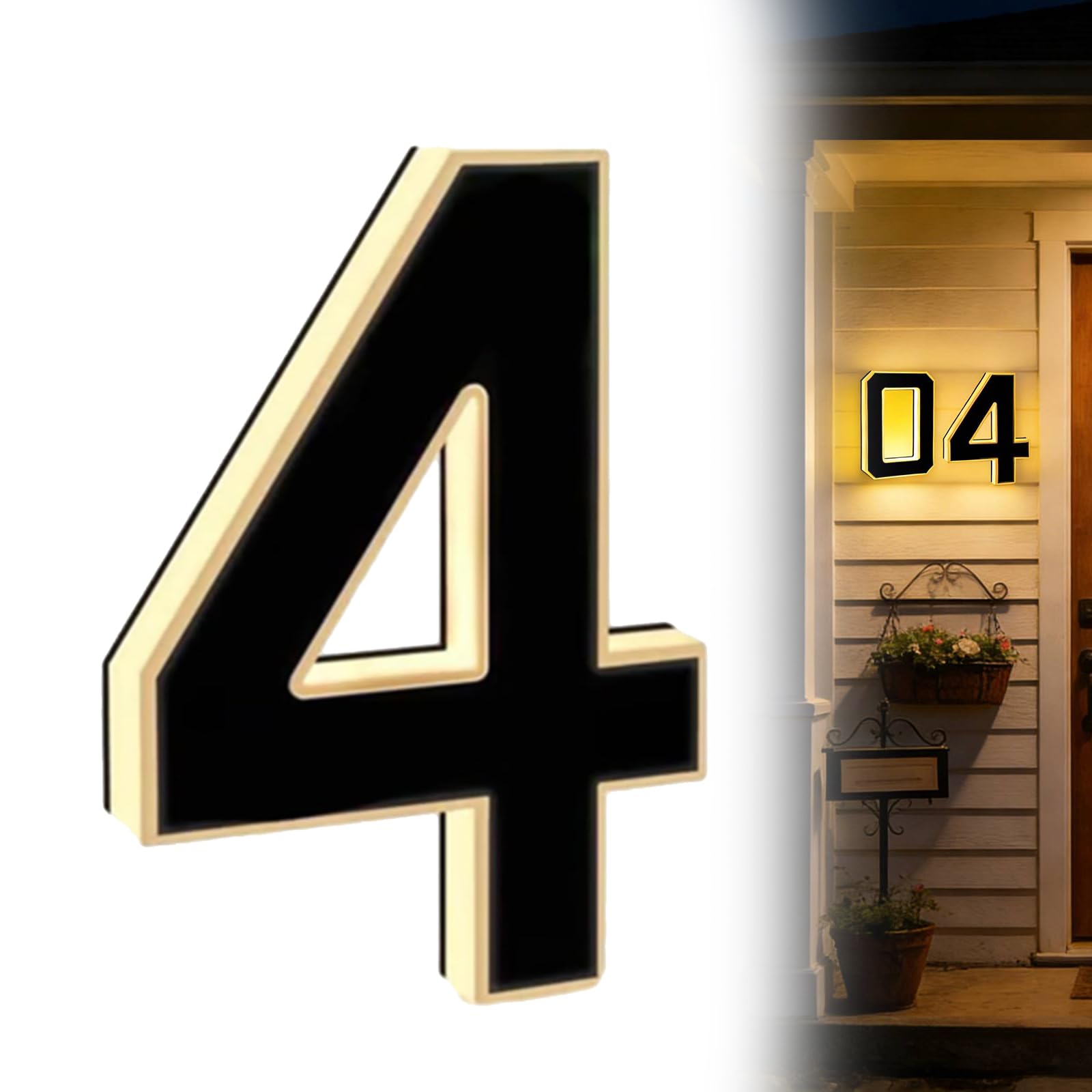 1Pcs Solar Door Number, 9 Inch Energy Efficient Illuminated House Number Signs, Weatherproof Warm Light LED House Numbers, Easy Install Kit with Template for Outside Wall, Garden, Driveway (4, 4.7in)