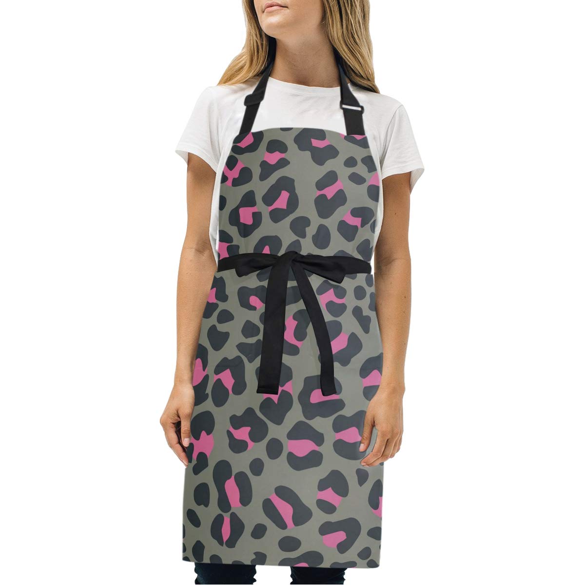 LDIYEU Pink Leopard Print Apron for Cooking Women Chef with 2 Pockets Kitchen Waitress Aprons for Baking Men Boys Girls