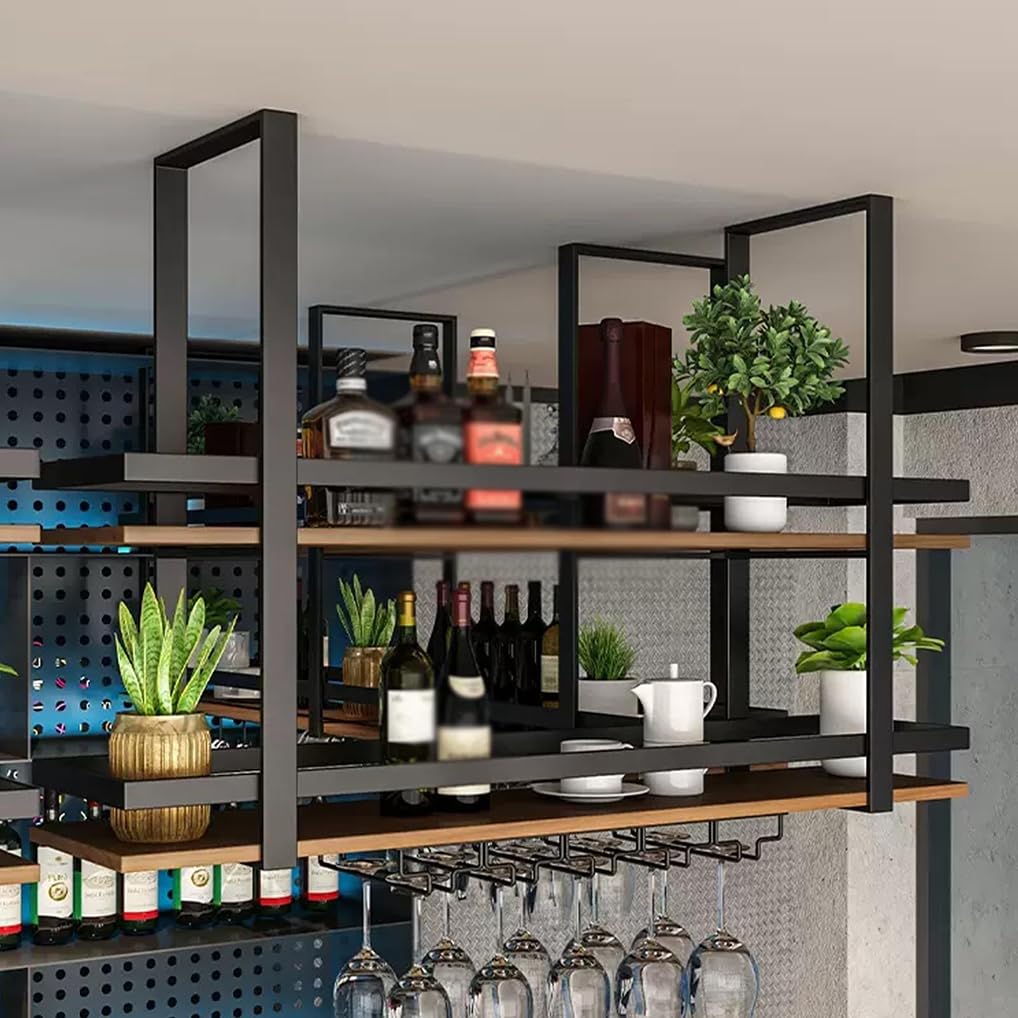 Casier à vin suspendu en métal à 2 niveaux avec porte-verre pour bar et café