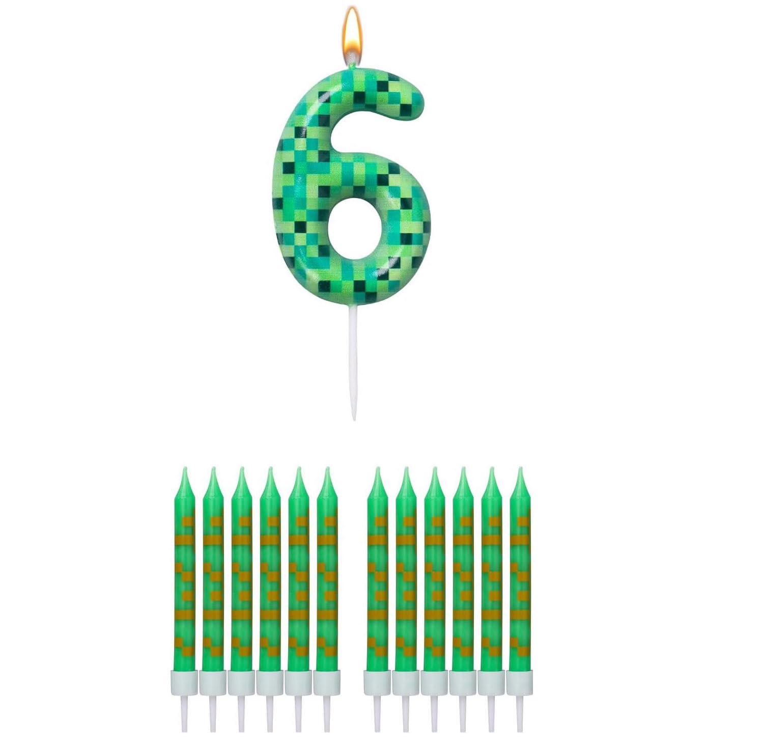 Pixel Birthday Cake Candle Miner Theme, Number 6 Green Birthday Candles for 5th Birthday, Video Game Party Supplies Cake Topper Decoration for Boys Kids
