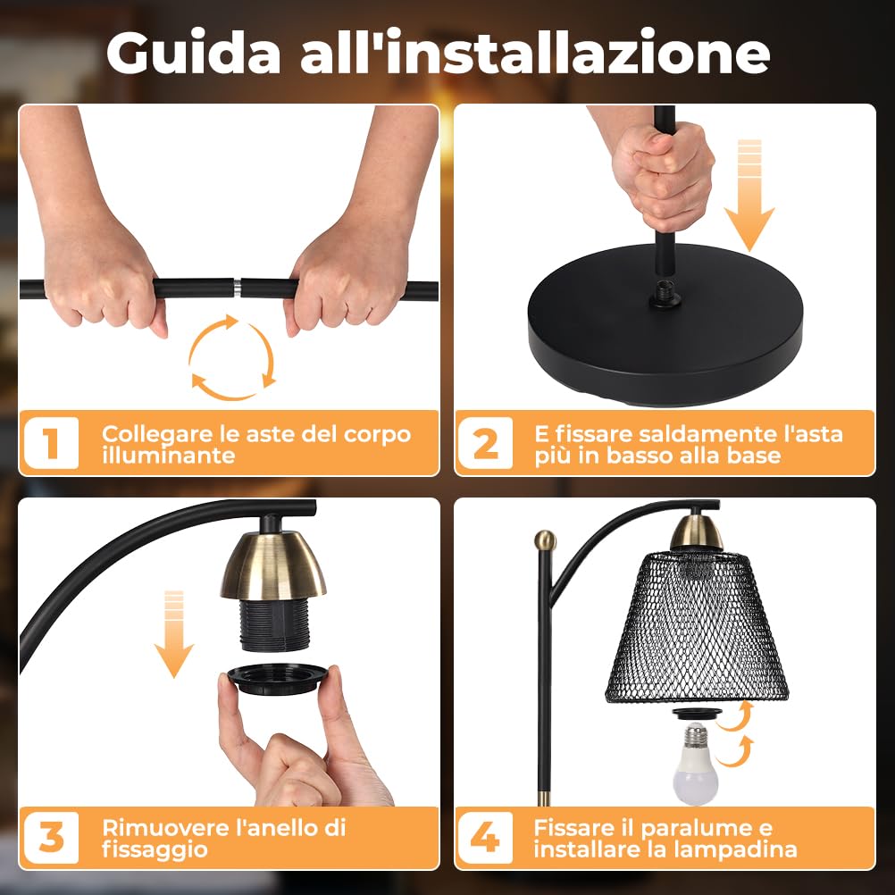 OUSFOT Lampada da Terra E27 Portalampada 230V, Industriale Piantana 40W, Nero e Oro, Adatto per Uffici, Soggiorni e Camere da Letto (Senza lampadina)