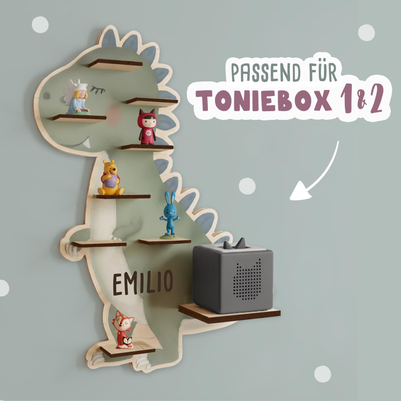 hellomini Personalisiertes Tonie Regal Jungen - Toniebox Regal mit Wunschnamen fürs Kinderzimmer - Regal Jungen- Toniebox Aufbewahrung - Tonies Zubehör (Dino Druck)