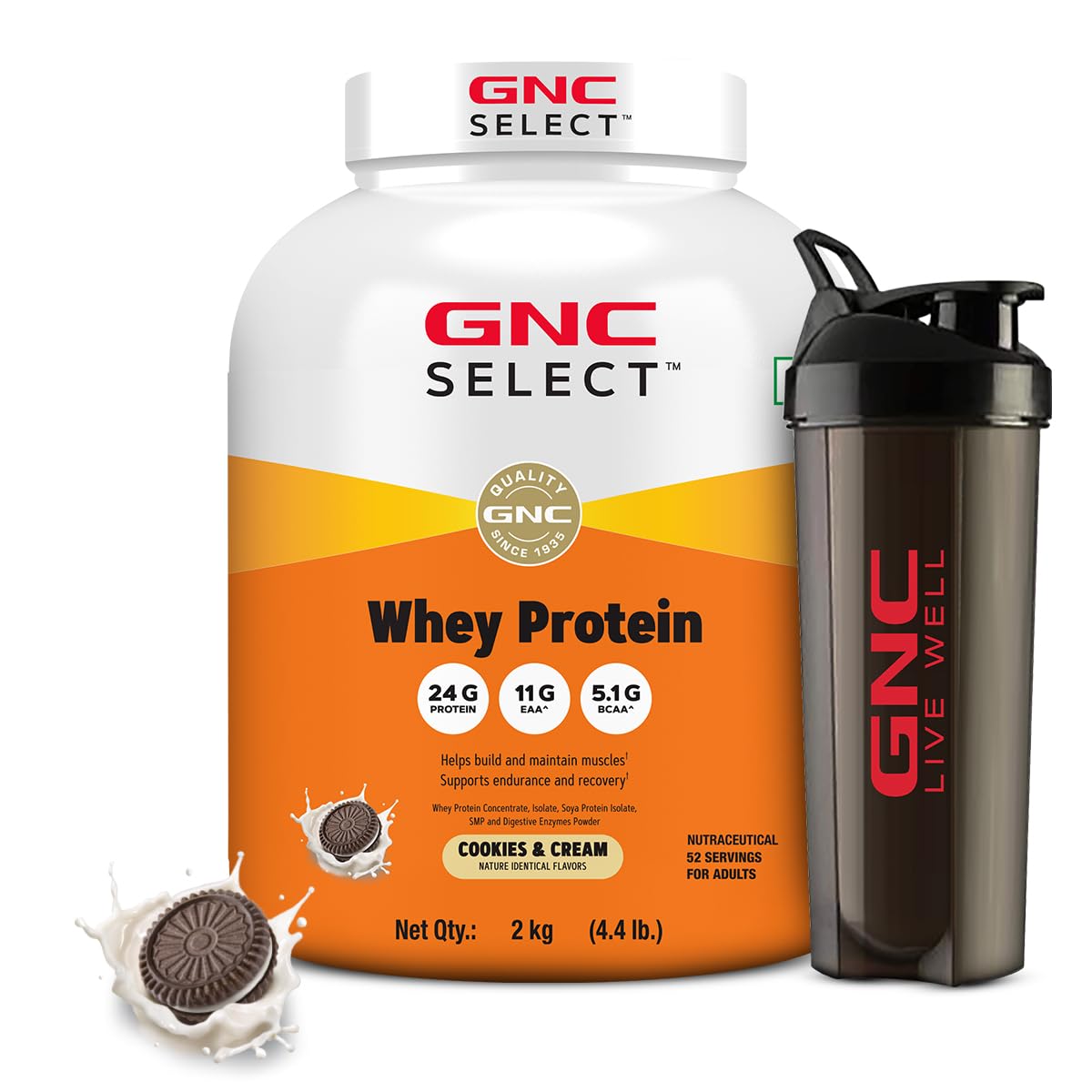 GNC Whey Protein Blend With Free Shaker | 4.4 LBS (2KG) | Cookie and Cream|24 Gm Protein| Digestive Enzyme For Better Digestion | Faster Muscle Recovery | Boosts Strength & Endurance | Zero Added Sugar | Builds Lean Muscles | Formulated In USA | Imported