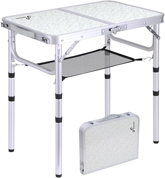 Sportneer Small Folding Table 2ft, 3 Adjustable Height Folding Camping Table with Mesh Layer Portable Folding Camping Tables for Picnic Beach BBQ