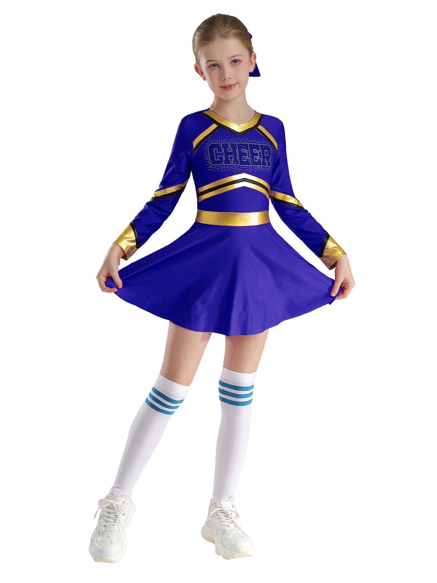 TiaoBug Dziewczęca sukienka cheerleadki z długim rękawem, sukienka do tańca z literami Cheer, metaliczne paski, podkolanówki + pompony + kokardka, ozdoba do włosów, do uprawiania sportu, do szkoły