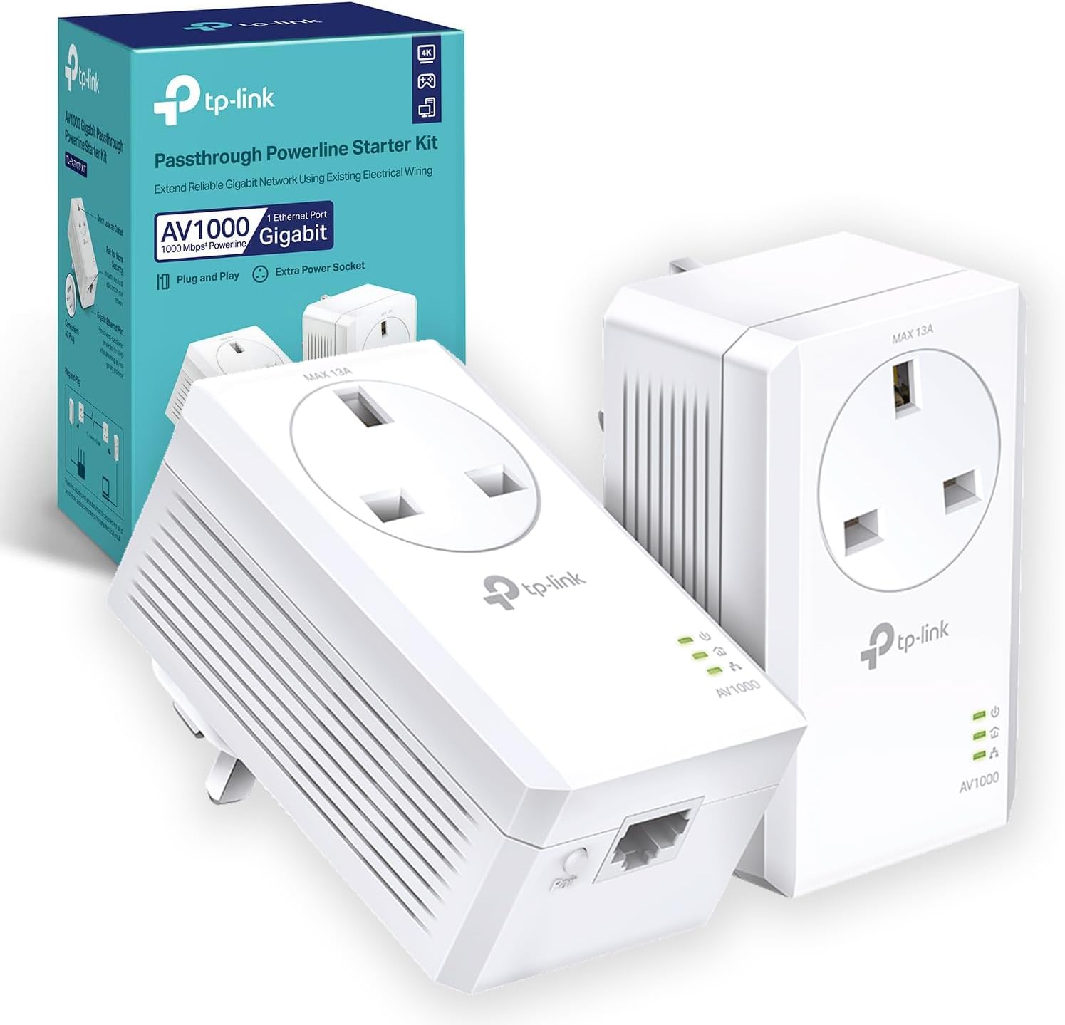 TL-PA7017PKIT Gigabit Passthrough Powerline Adapter Starter Kit, Powerline Network Adapters Speed up to 1000 Mbps, 4K Video Streaming & Online Gaming, No Configuration Required, Plug and Play