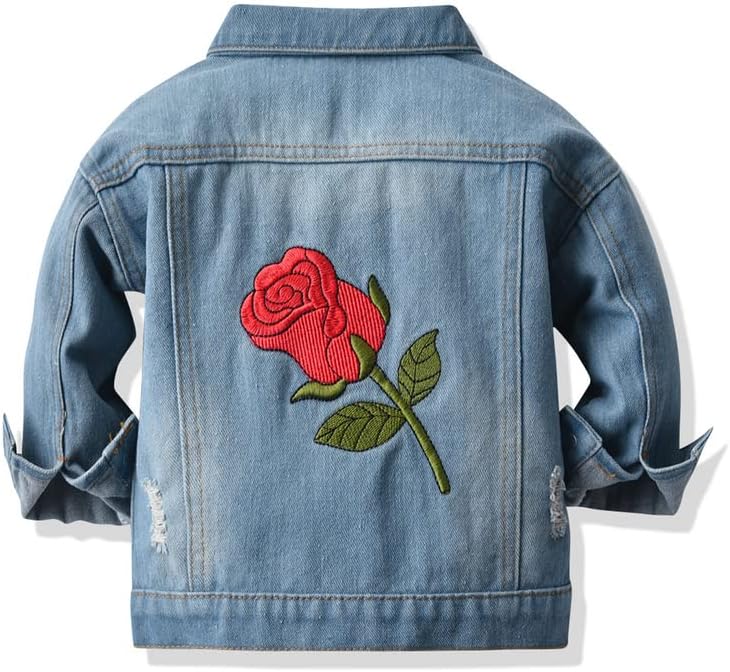 Toddler Baby Boys Girls Denim Jacket Coat Kids Button Down Jeans Ripped Rose Flower Embroidery Top Outerwear Overcoat