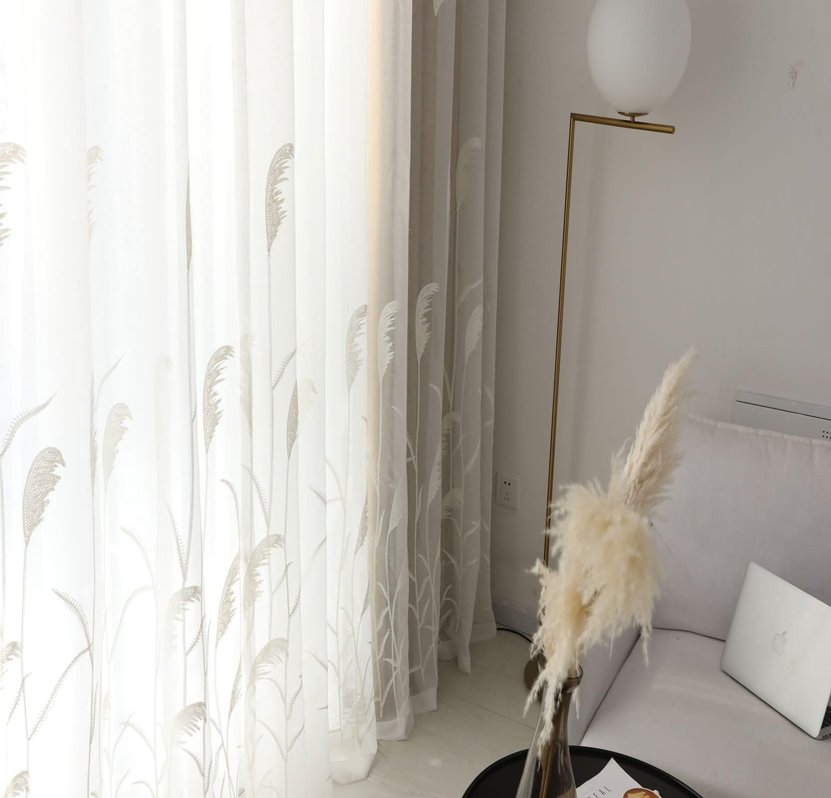 Voile Gardinen Transparent 2er Set,2 x 137W x 183H cm,Vorhänge Wohnzimmer Durchsichtig Weiß Blätter Muster Gardinen für Gardinenhaken