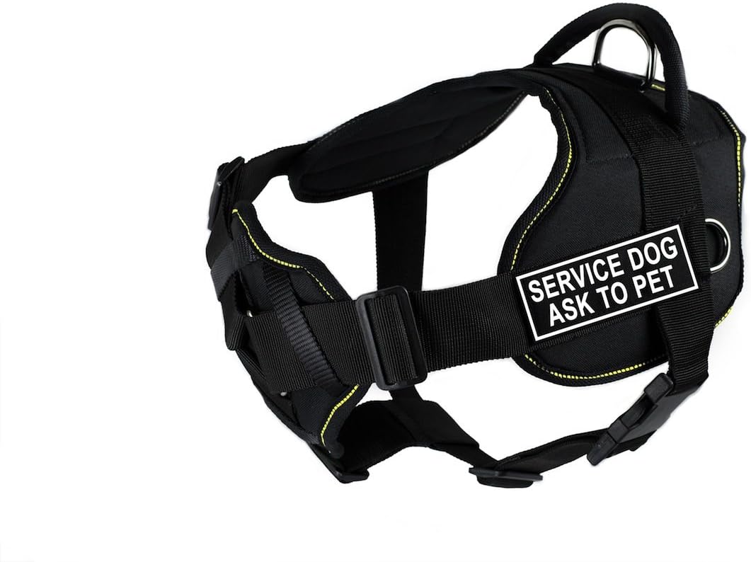 Dean & Tyler Fun "Service Dog Ask To Pet" Dog Harness with Padded Chest Piece, Fits Girth Size 32-Inch to 42-Inch, Large, Black with Yellow Trim