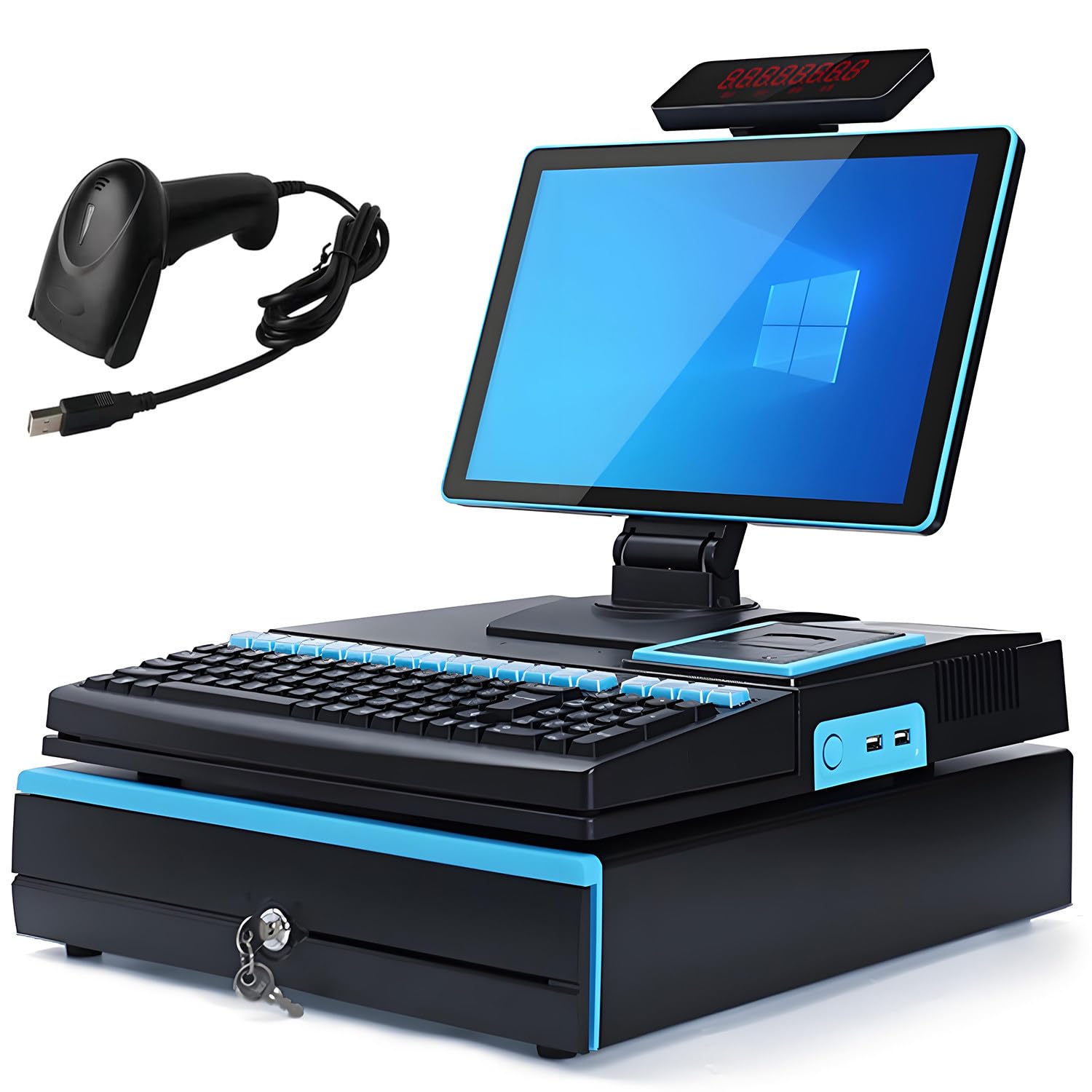 Terminal de punto de venta electrónico con caja registradora, pantalla táctil LED de 15,6", teclado de 101 teclas, escáner portátil, impresora térmica de 58 mm y cajón de efectivo Blue-SingleScreen