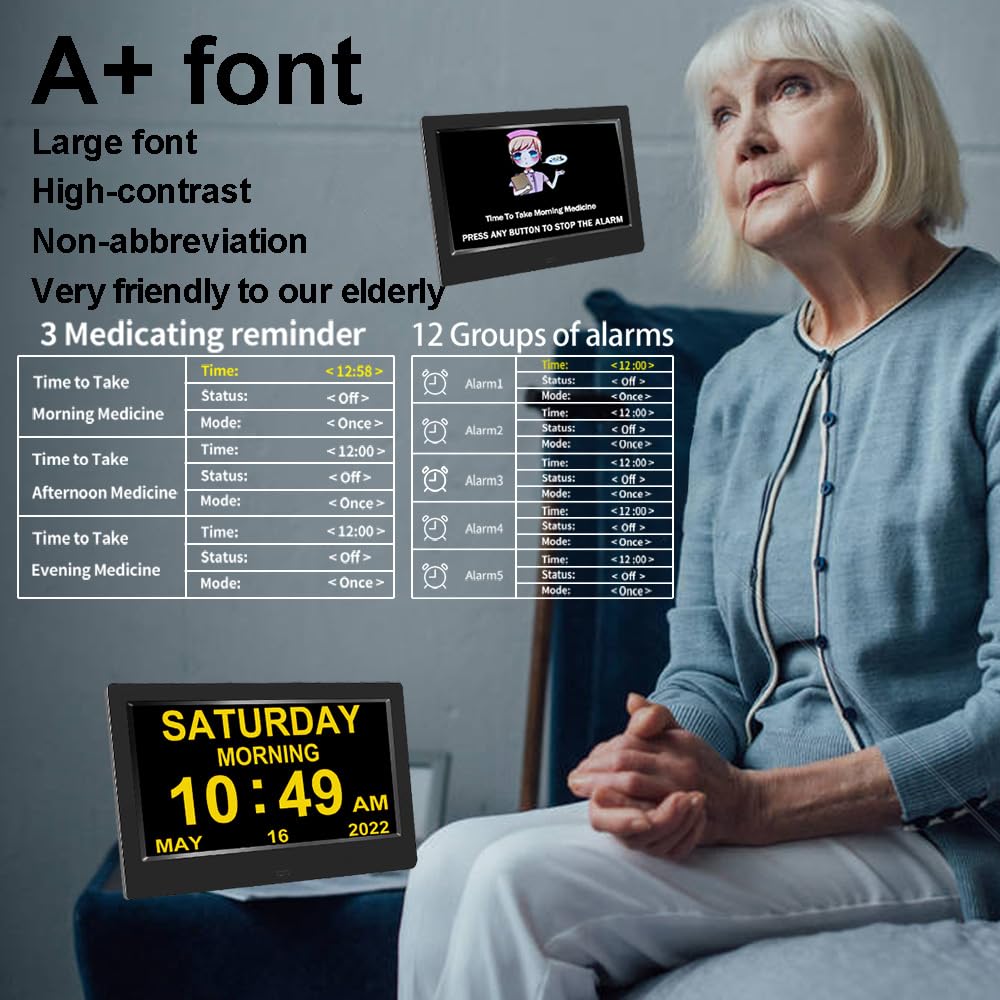 Reloj digital DST con fecha y día de la semana para ancianos-12 alarmas, recordatorio de medicamentos, demencia, Alzheimer, calendario con pantalla extragrande (10.1 pulgadas, negro) 3