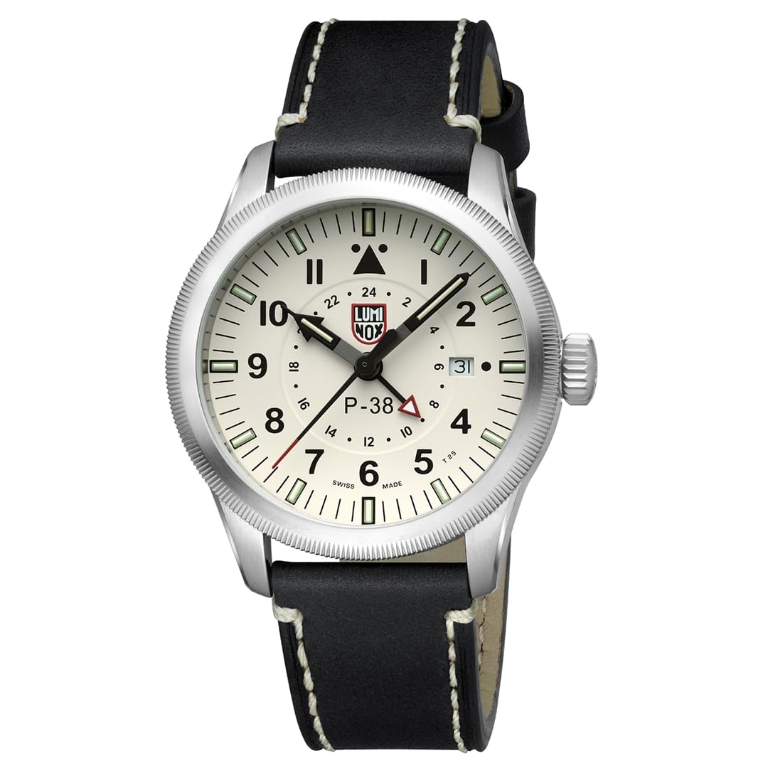 Luminox Air Pilot P-38 Lightning Pilotenuhr mit Armband aus Leder, in der Farbe: Schwarz, Gehäusedurchmesser: 42 mm, Wasserdichtigkeit: 100 Meter, XA.9527
