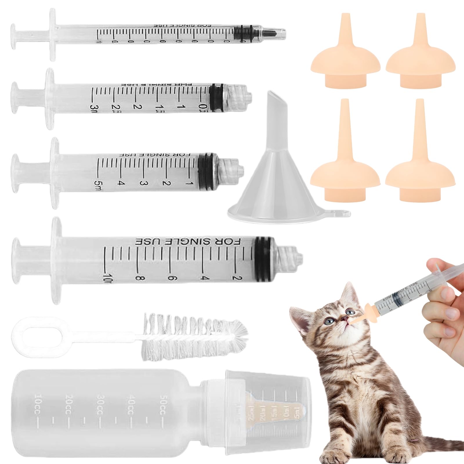 Pet Feeding Syringe with Nipple, Silicone Feeding Tools for Kitten Puppy Feeding Syringe for Newborn Cat Dog Small Animals Rabbits (4 syringe+ 1 bottle+1 brush)