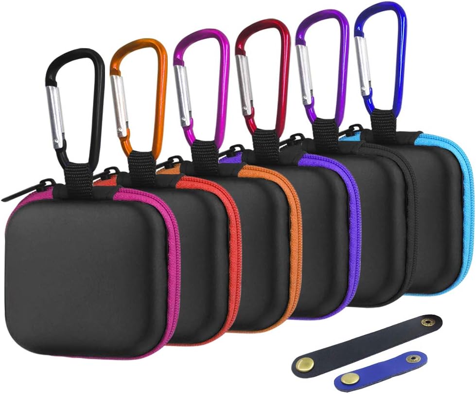6 Pcs Square Portable Earbuds Case with Carabiners & 2 Headphone Cable Clip, SENHAI Mini Hard EVA Carrying Case Storage Bag for Earphone Earbuds Bluetooth Headset U Disk - 6 Colors