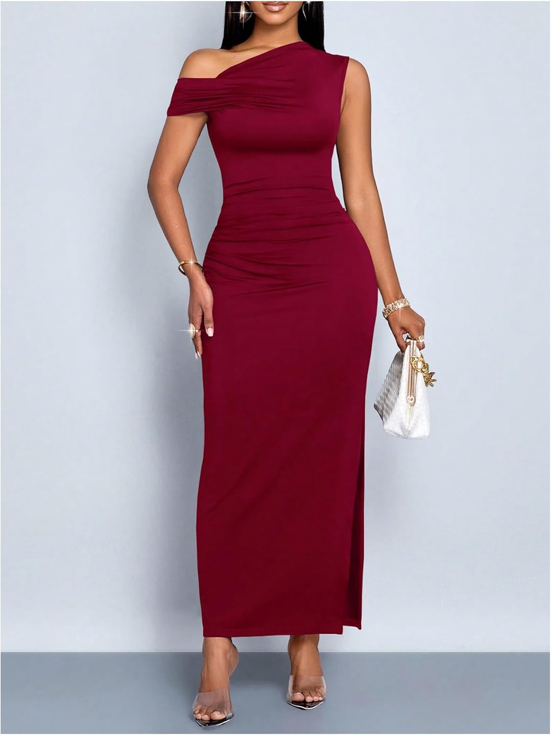 Floerns Women's Off The Shoulder Ruched Side Slit Bodycon Midi Dress Formal Party Cocktail Dress - Image 5