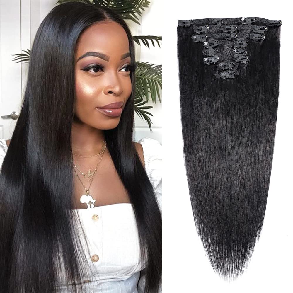 Clip In Hair Extensions Real Human Hair 14 Inch Silky Straight 80g Double Weft Amazon.com : Real Clip in Hair Extensions Black 8 Pieces  main image 4