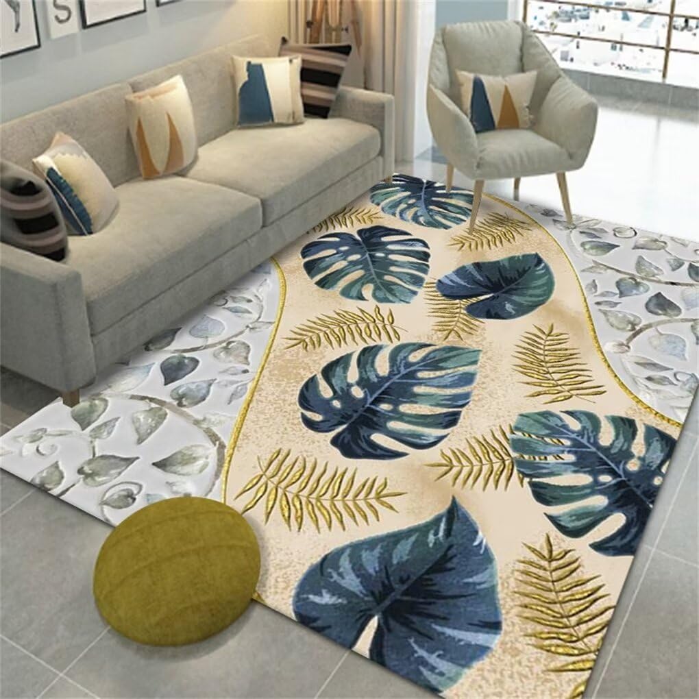 Tapis de salon pas cher 300x400 cm lavable et grand tapis enfant jaune aux motifs de feuilles
