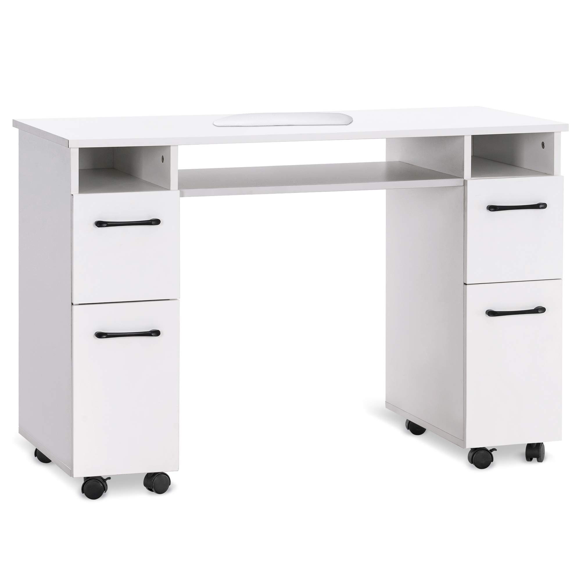 BarberPub Manicure Table Nail Desk with Wheels Beauty Salon Workstation Drawers Movable Equipment 2600 (White)