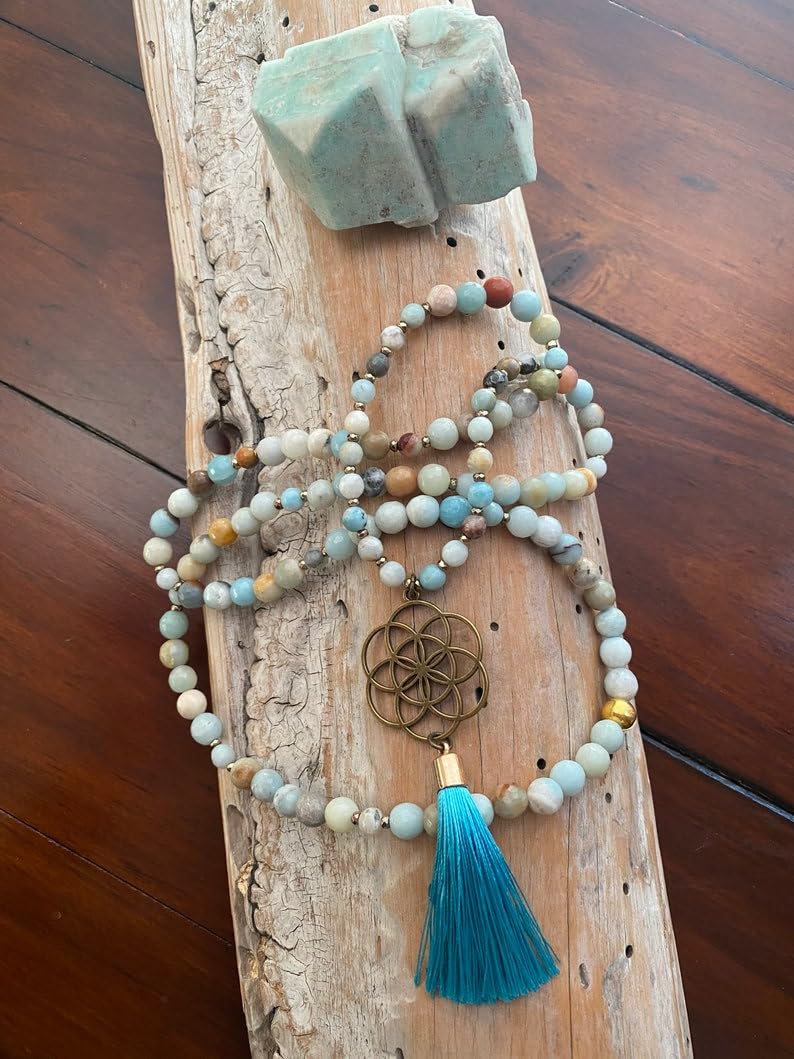 AMAZONITE - Cuentas de piedra Mala, collar de 108 mala, nudo mala, collar WWG, joyería de yoga, cuentas de meditación, joyería espiritual, joyería bohemia, 34inch, Gema