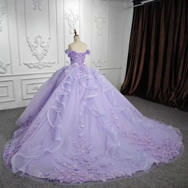 Glitter Quinceanera Dresses Ball Gown Ruffles Off Shoulder 3D Flowers Applique Brithday Princess Party Dress2