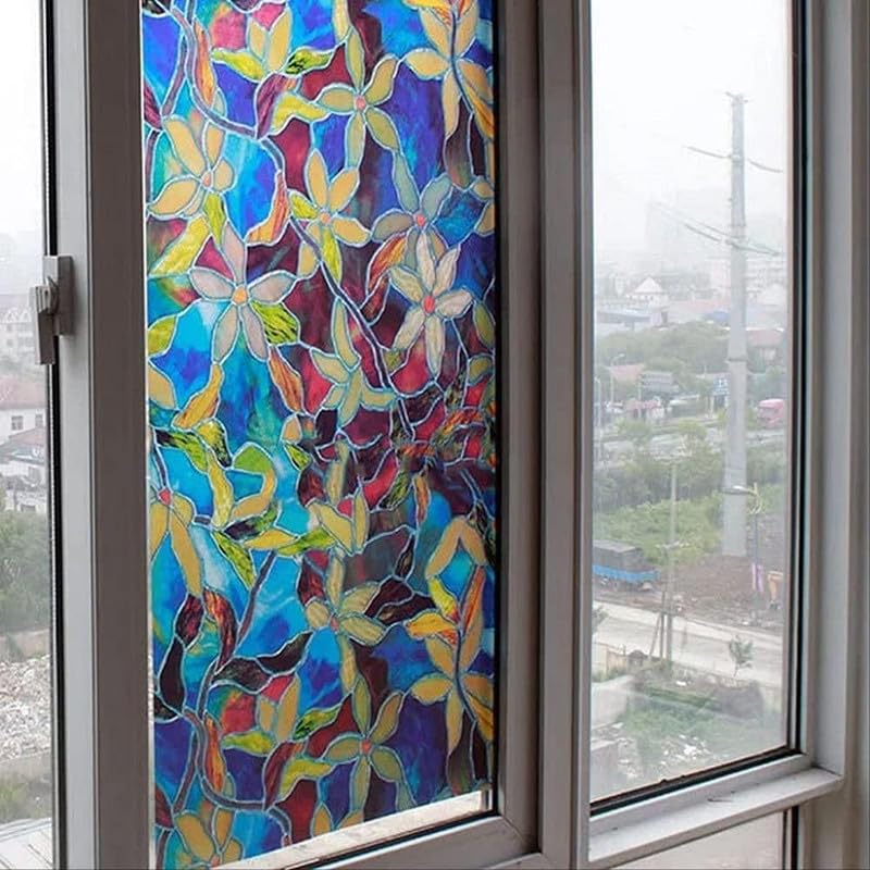 GK Trading Starlite Enterprises 3D Printed Window Privacy Sticker Glass Self Adhesive Decorative for Bathroom/Door Window/Heat Control/Sidelight/Anti UV (Blue Lily,2 x 3 Feet)
