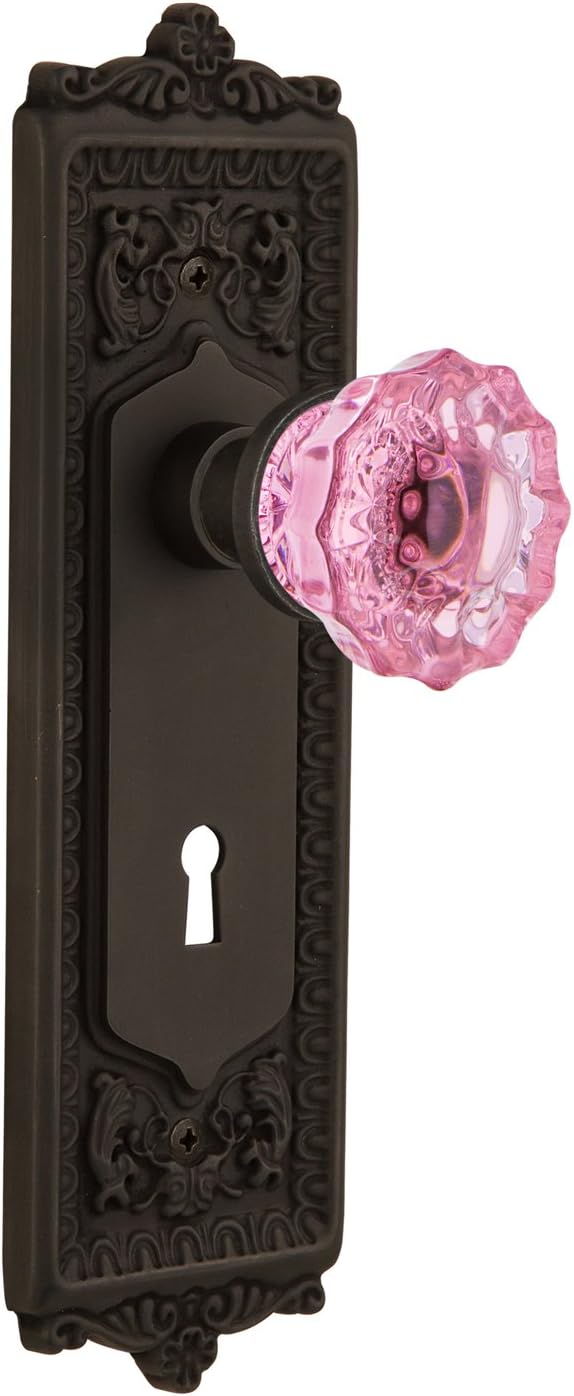 Nostalgic Warehouse 722815 Egg & Dart Plate with Keyhole Single Dummy Crystal Pink Glass Door Knob in Timeless Bronze