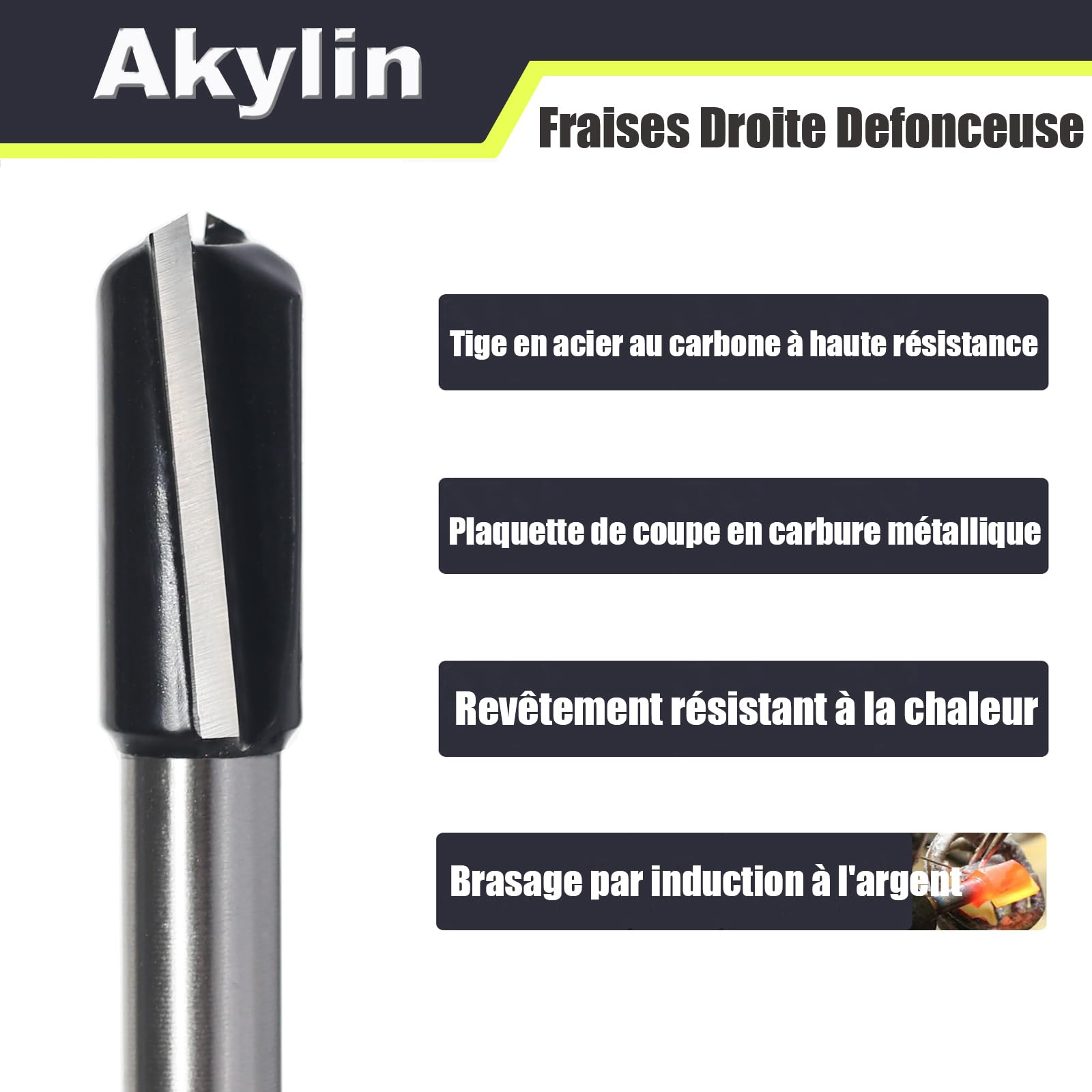AKYLIN Lot De 5 Fraises Droites Défonceuse Tige 8mm Diamètres 8/10/12/18/20mm - Bois