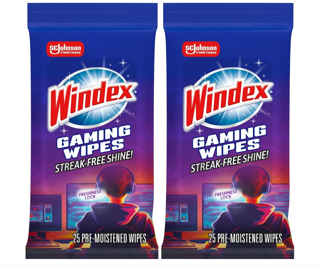Windex Gaming Cleaning Wipes, Pre-Moistened Wipes to Instantly Clean all Gaming Gear and Electronics, Resealable Packaging for a Freshness Lock, 25 count (Pack of 2)