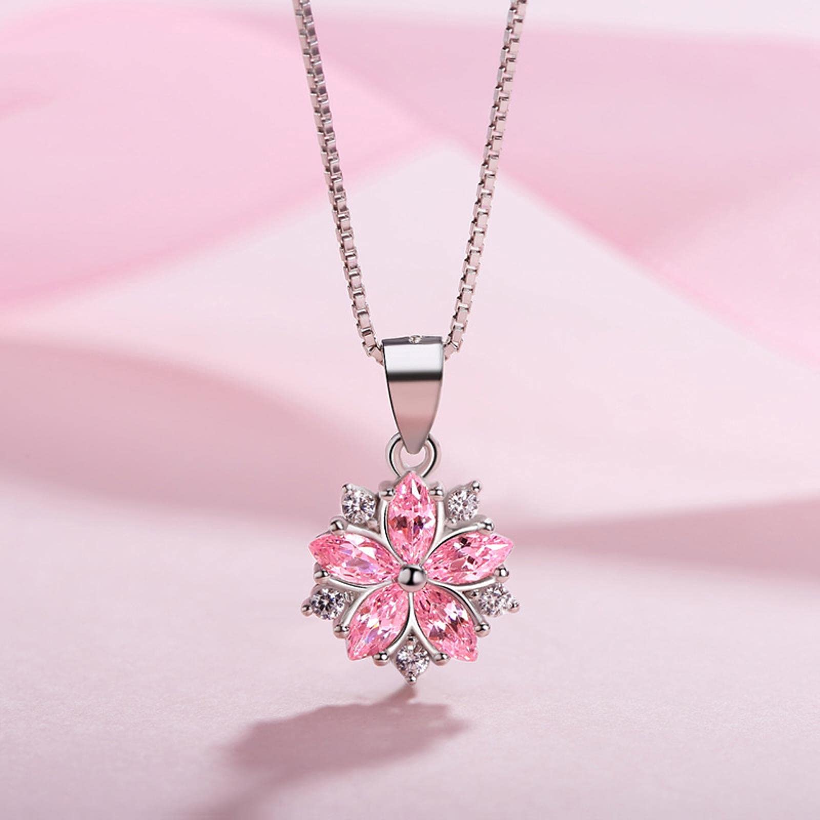 Hcma Pink 925 Sterling Silver Delicate Clear Cubic Zircon Crystal Cherry Blossom Pendant Necklace For Christmas Birthday Gifts