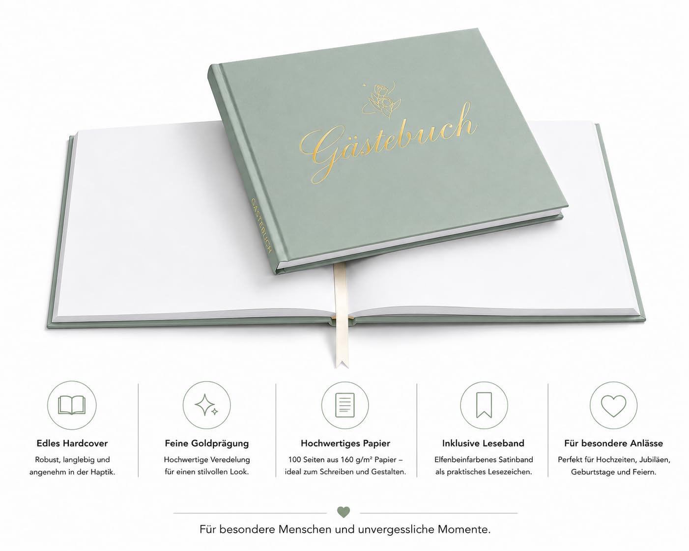 Gästebuch Hochzeit, Gästebuch für Erinnerungen, 100 Blanko Seiten, Hochwertiges Hardcover Hochzeitsbuch Gästebücher, Edle Gold Prägung, 19x24 cm Hochzeitsalbum Hochzeitsgästebuch (Grün)