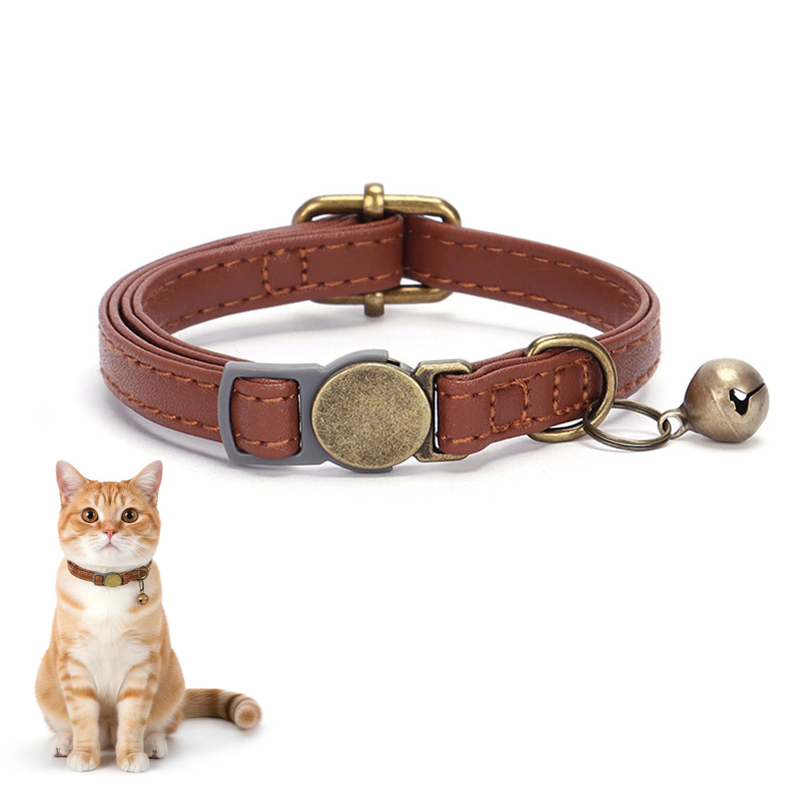 Nymora Cat Collars with Bell, Adjustable Brown Leather Kitten Collar Lightweight for Small Cats, 1PCS