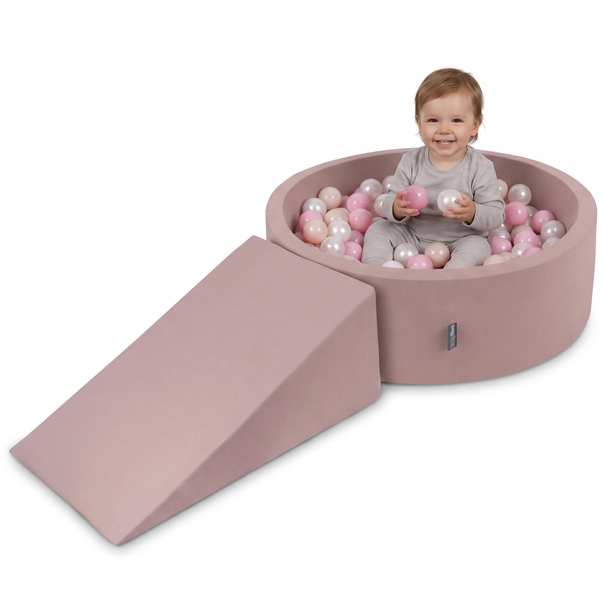KiddyMoon Parque de Juegos de Espuma con Piscina de Bolas 90x30cm y Rampa 100 Bolas 7cm para Bebés y Niños - Brezo: Beige Pastel Rosa Empolvado Perla OEKO-TEX STANDARD 100