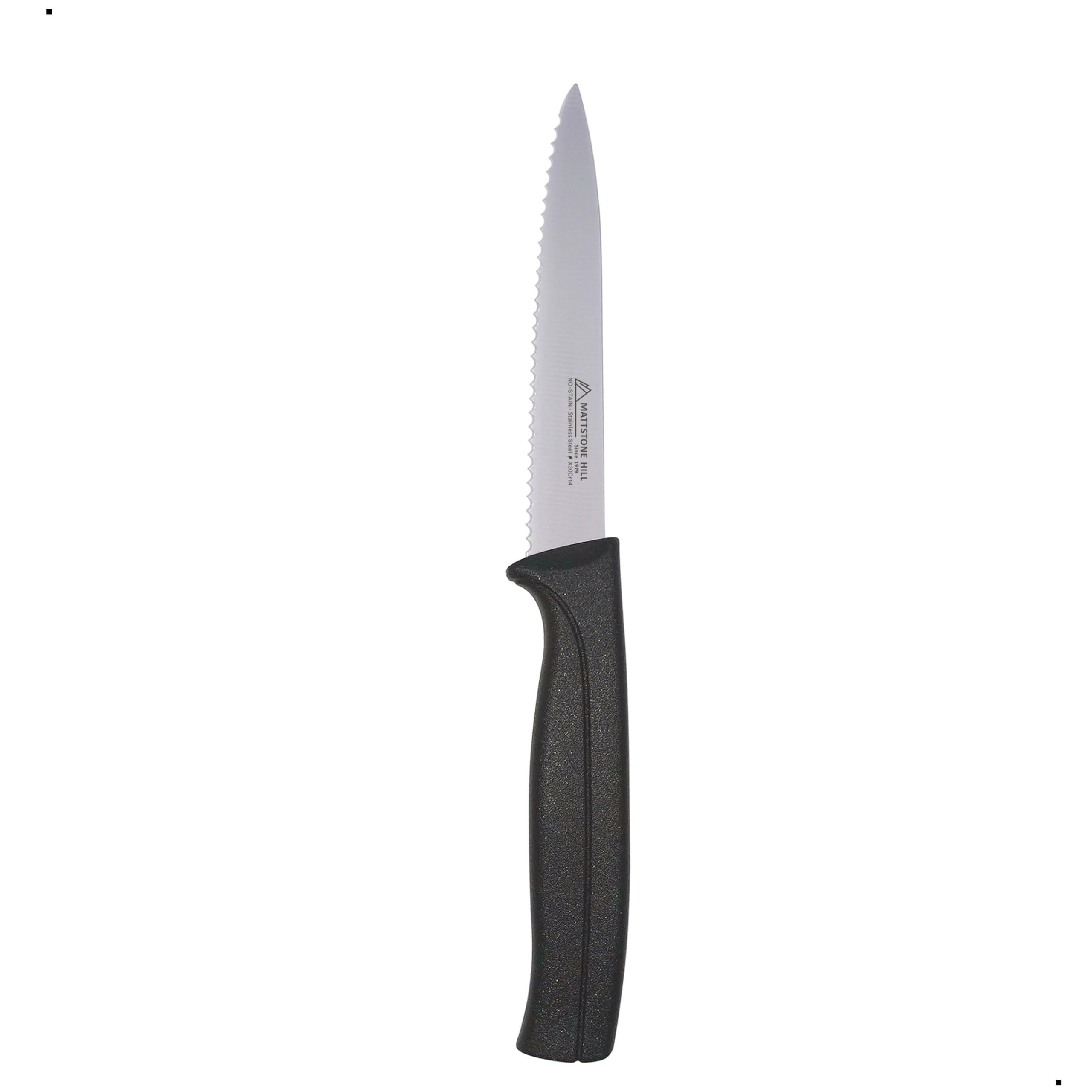 Kitchen Utility Knife - MATTSTONE HILL 4 Inch Serrated Paring Knife, Vegetable Knife, Slim Blade, Premium Stainless Steel, Semi Soft Handle, Black