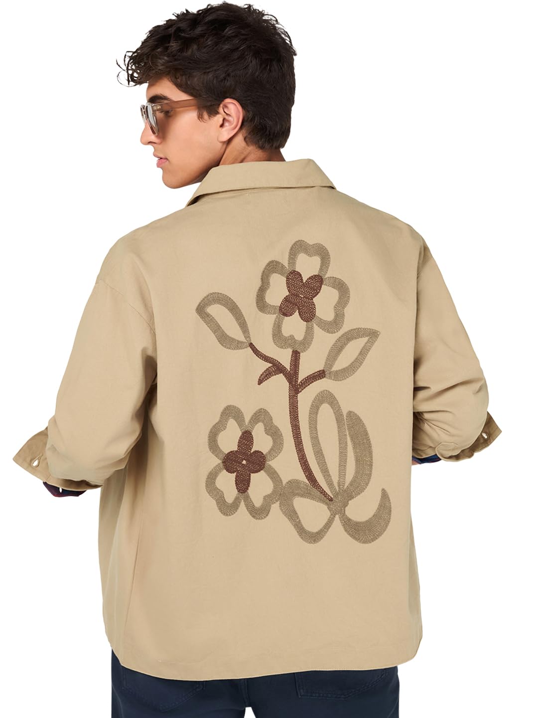 Bewakoof Men's Solid Oversized Fit Full Sleeve Collar Cotton Jacket in neutral