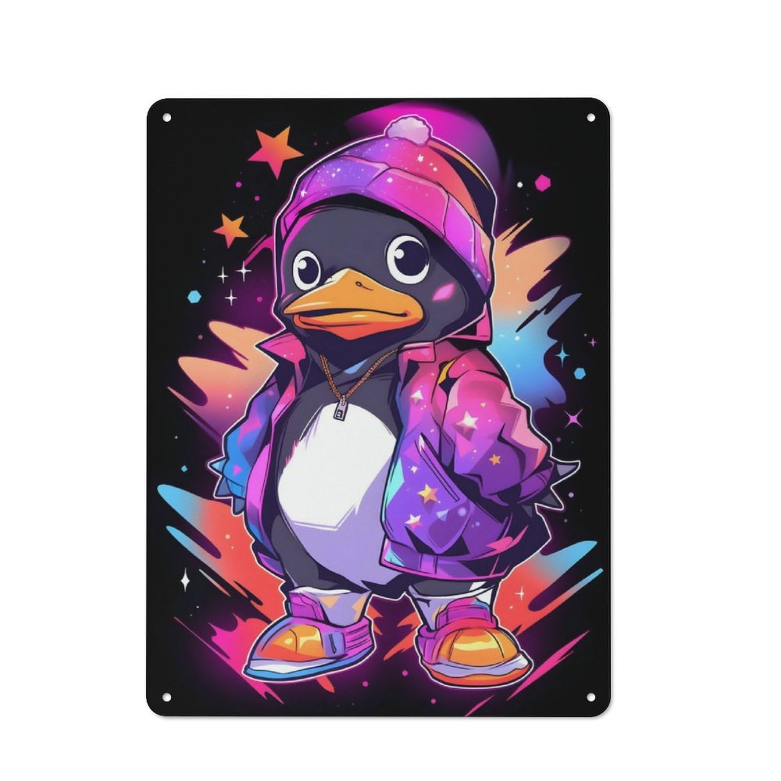 Classic Decorative Tin Plaque 40x30cm Featuring Cool Colorful Penguin, Novelty Wall Art for Home, Shop, Pub Or Studio Wall