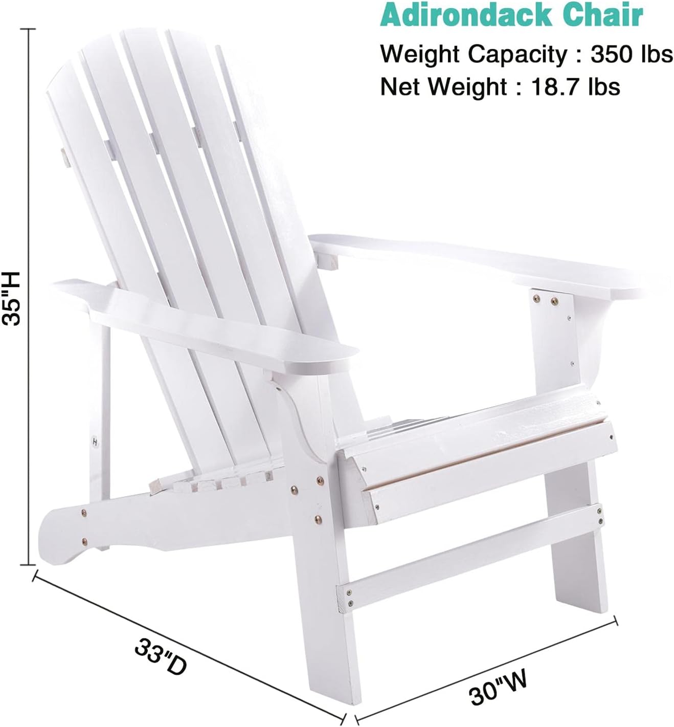 Houssem Adirondack Chair,Foldable Solid Wood Patio Chairs,Max Load 350LBS,All-Weather Outdoor Chair for Terrace,Porch,Lawn,Beach,White