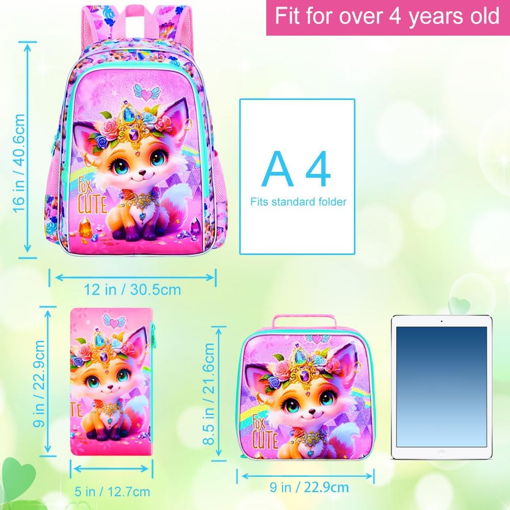 3Pcs Fox Backpack for Girls, 16" Kids School Backpacks with Lunch Box, Bookbag for Elementary Preschool Kindergarten(Pink)
