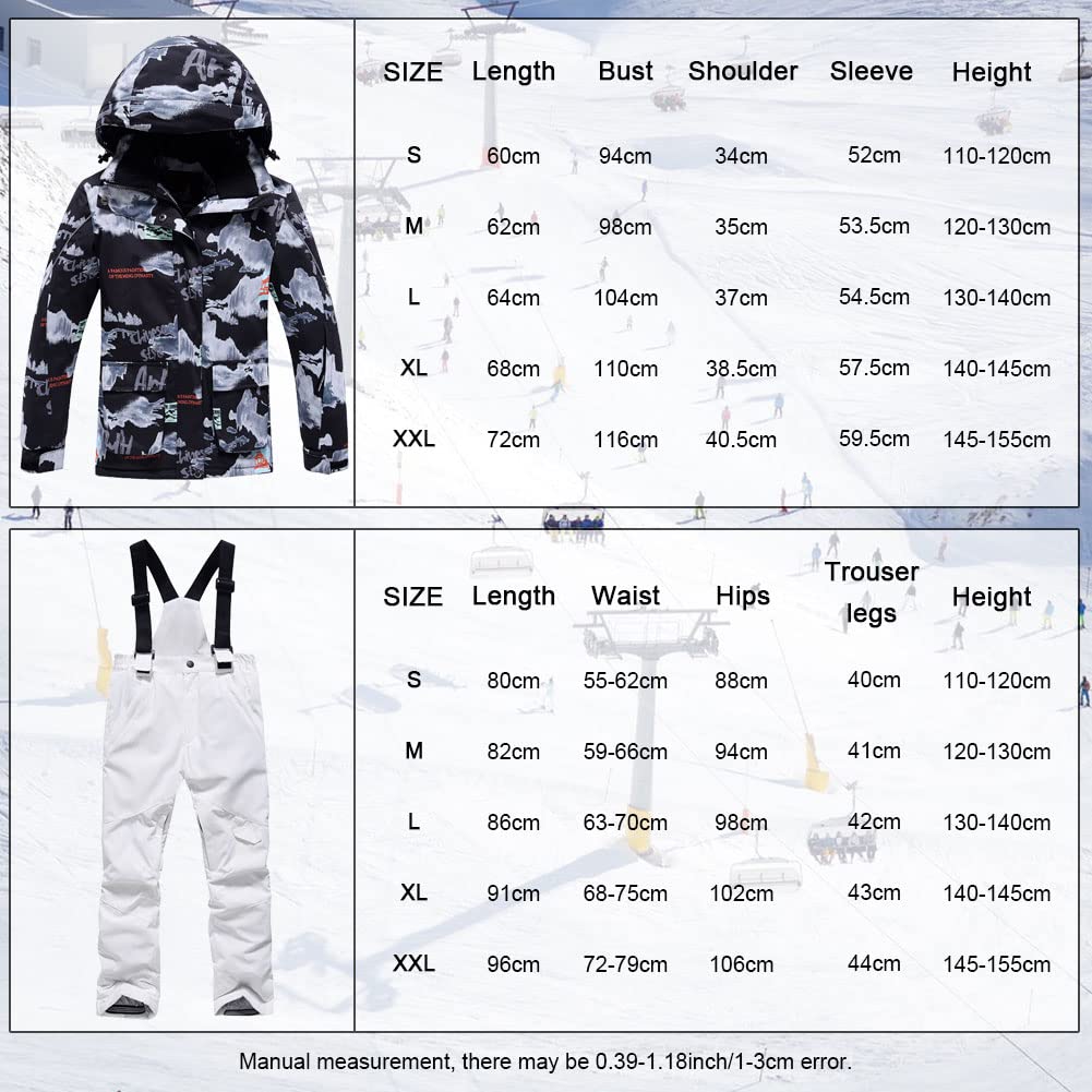 Tuta da sci unisex per bambini, con cappuccio, tuta da neve, 2 pezzi, giacca da neve e pantaloni da neve, impermeabile