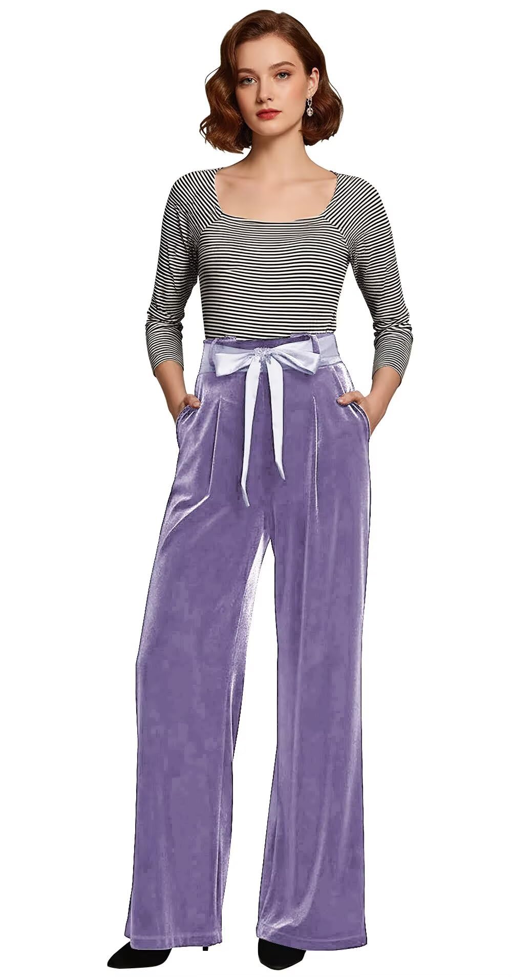 Velvet Pants for Women Dressy High Waisted Womens Wide Leg Dress Pants Belted Casual Trousers with Pockets