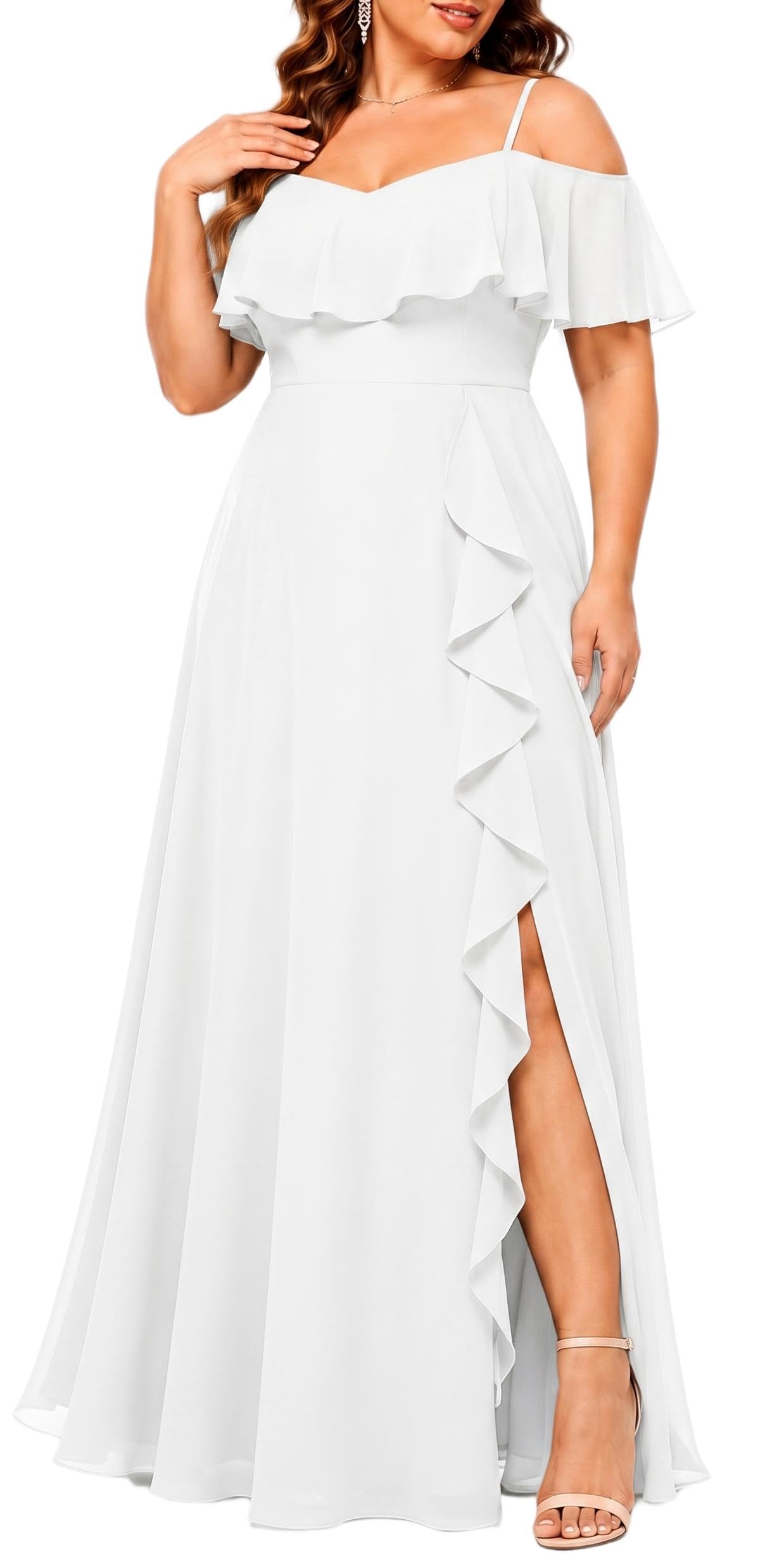 Plus Size Formal Dresses Off Shoulder Chiffon High Slit Ruffle Wedding