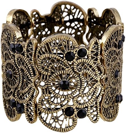 D EXCEED Womens Bohemian Lace Bracelet Vintage Filigree Cuff Bangle Bracelet Wide Stretch Rhinestone Bracelets for Ladies